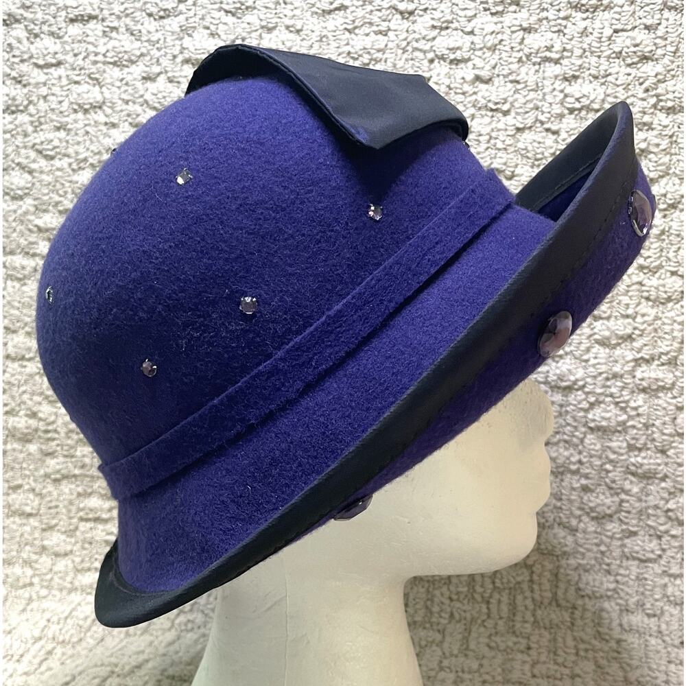 VTG Mr John Royal Purple Wool Felt Hat Rhinestones Large Bow Church Derby Fedora